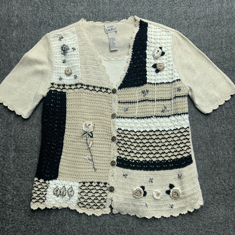 Patchwork Cardigan Sweater S Shirt Knit Crochet Grandmacore Short Sleeve Cottage